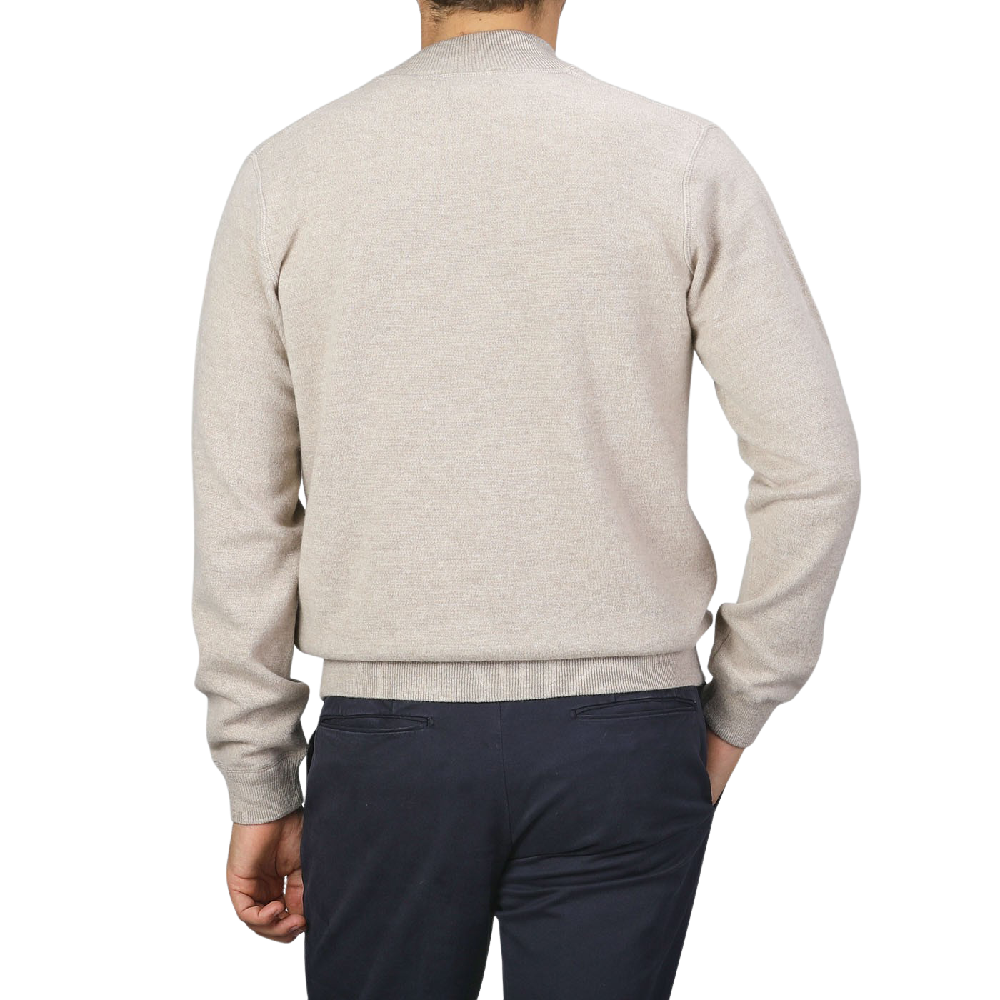 A person is shown from behind, wearing a Filippo de Laurentiis Taupe Beige Wool Cashmere Knitted Bomber and dark pants against a gray background.