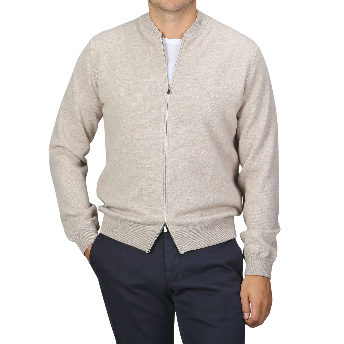 A person wearing a Filippo de Laurentiis Taupe Beige Wool Cashmere Knitted Bomber over a white shirt and navy blue pants stands against a plain grey background.