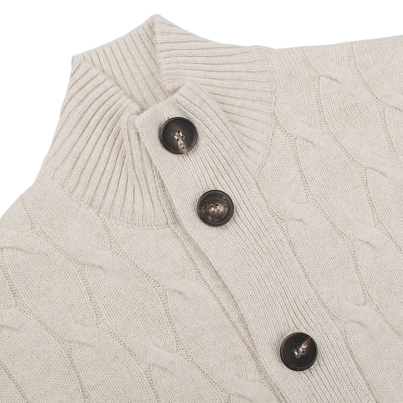 Close-up of the Filippo de Laurentiis Cream Wool Cashmere Cableknit Button Cardigan, showcasing a delicate beige pattern and three dark brown buttons.