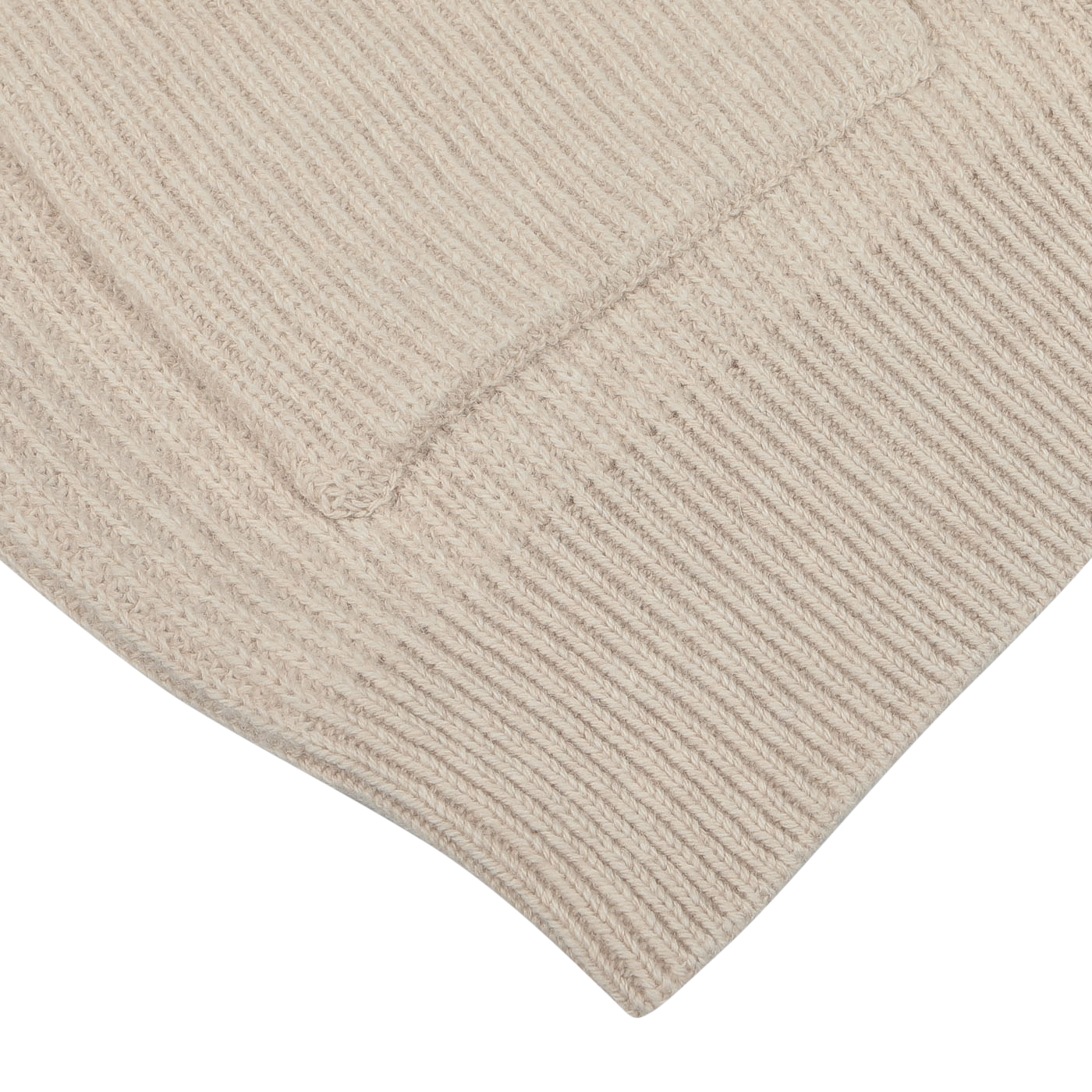 Close-up of the Filippo de Laurentiis Beige Melange Wool Cashmere Cardigan with a ribbed texture, featuring an overlapping piece of the same material.