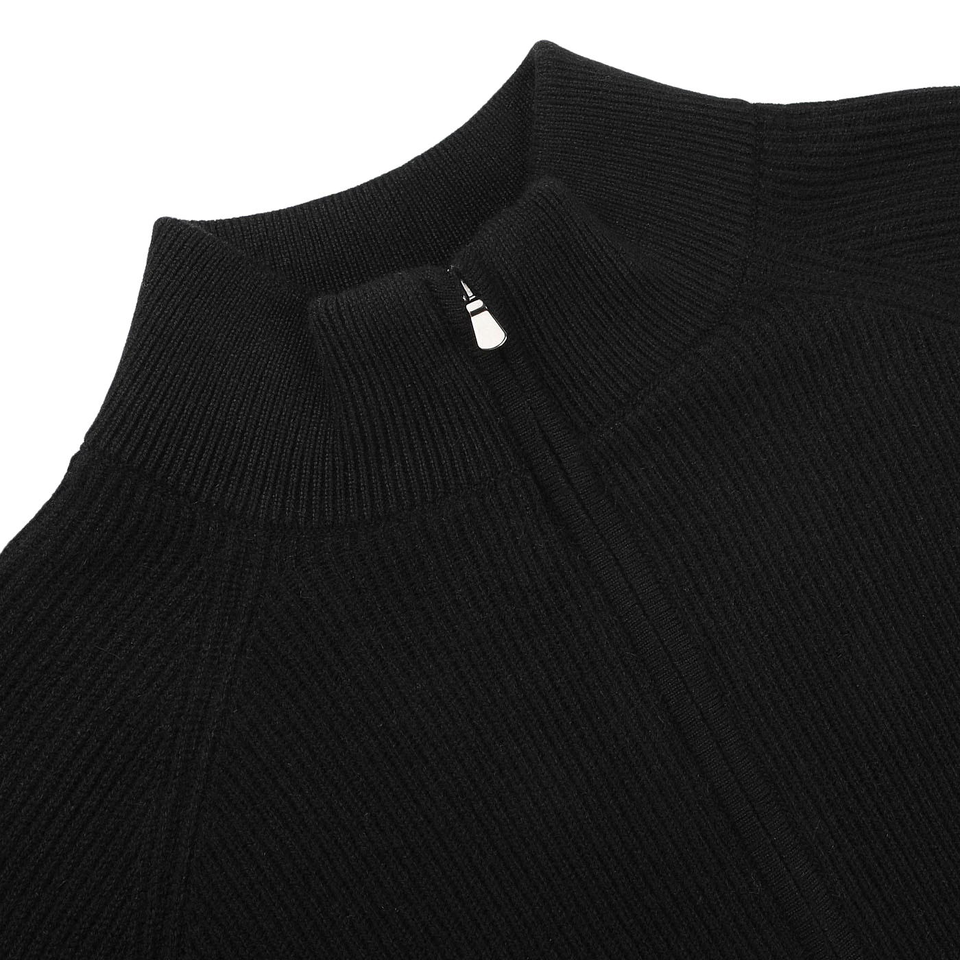 Close-up of the Filippo de Laurentiis Black Cashmere Rib Knit Cardigan on a white background, highlighting its luxurious pure cashmere texture with a raised collar and zip-up front.