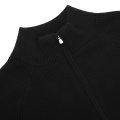 Close-up of the Filippo de Laurentiis Black Cashmere Rib Knit Cardigan on a white background, highlighting its luxurious pure cashmere texture with a raised collar and zip-up front.