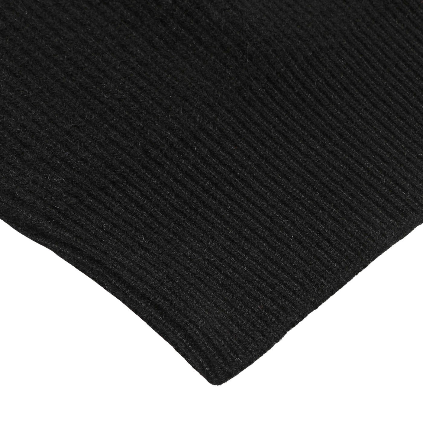 Close-up of a textured black fabric with a ribbed pattern, reminiscent of the Filippo de Laurentiis Black Cashmere Rib Knit Cardigan, displayed against a white background.