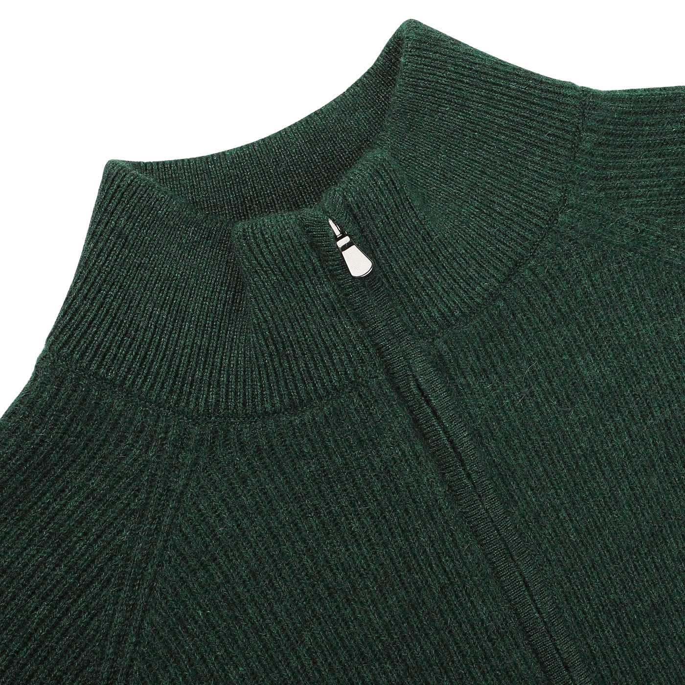 Close-up of a Filippo de Laurentiis Bottle Green Cashmere Rib Knit Cardigan featuring a high collar and two-way zip closure, set against a plain white background.