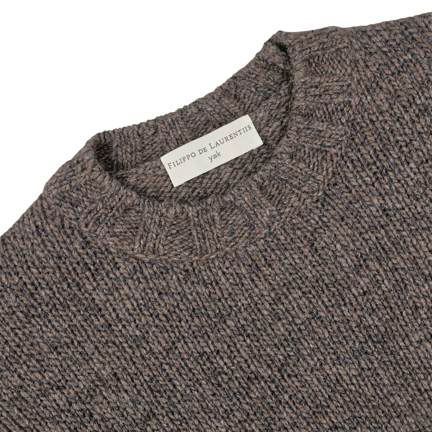 A close-up of the Brown Melange Yak Cashmere Sweater's neckline and label, which reads "Filippo de Laurentiis," showcasing the luxurious blend of yak wool and cashmere—a true seasonal staple.