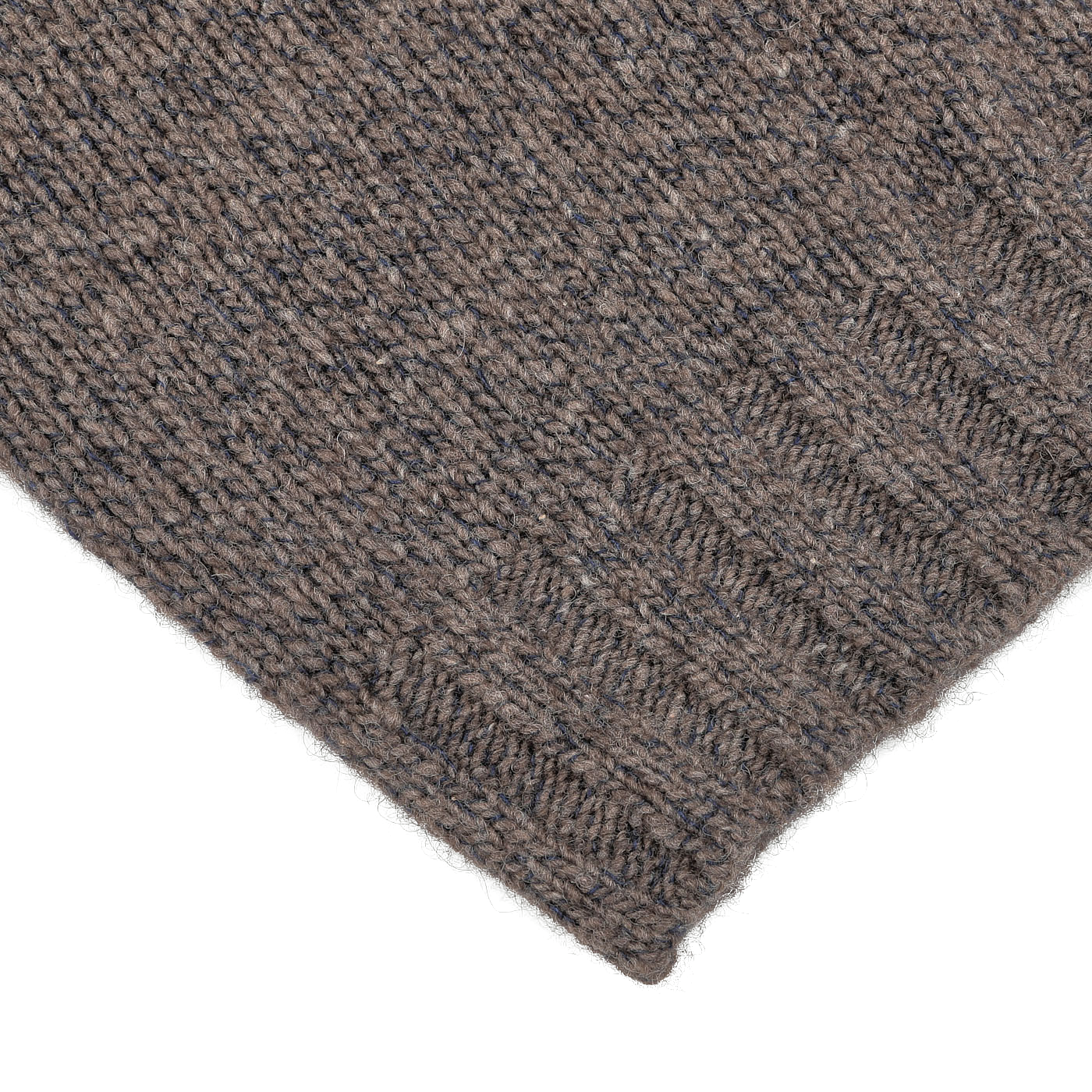 Close-up of the Filippo de Laurentiis Brown Melange Yak Cashmere Sweater, showcasing its ribbed pattern at the bottom edge, made from luxurious yak wool and cashmere, placed on a light gray background.