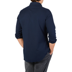 Finamore Dark Blue Cotton Flannel Casual Shirt Back