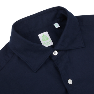 Finamore Dark Blue Cotton Flannel Casual Shirt Collar