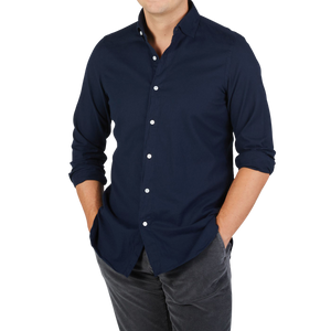 Finamore Dark Blue Cotton Flannel Casual Shirt Front
