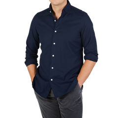 Finamore Dark Blue Cotton Flannel Casual Shirt Front