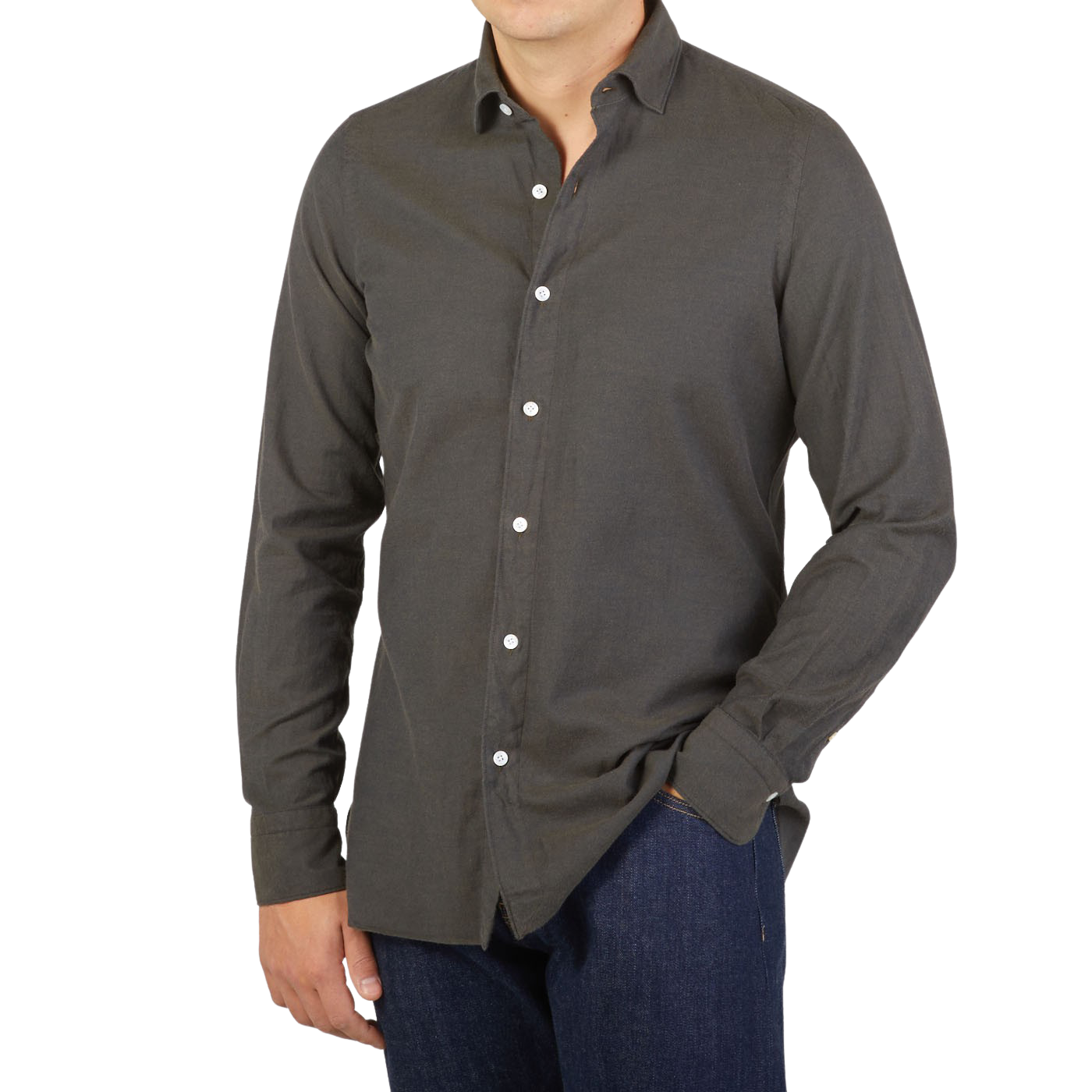 Finamore Dark Green Cotton Flannel Casual Shirt Front