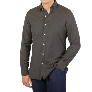 Finamore Dark Green Cotton Flannel Casual Shirt Front
