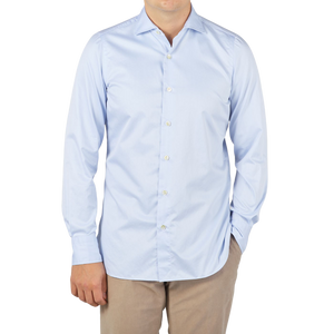 Finamore Light Blue Fine Cotton Twill Cut-Away Shirt Front