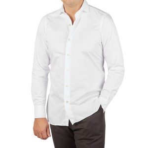 Finamore White Fine Cotton Twill Cut-Away Shirt Front