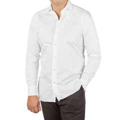 Finamore White Fine Cotton Twill Cut-Away Shirt Front