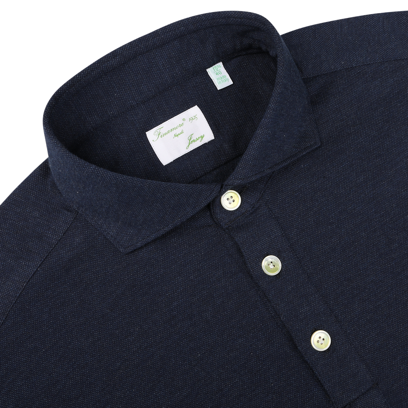 Close-up image of the Blue Melange Cotton Cashmere Jersey Polo Shirt by Finamore, featuring a dark blue, slim fit design with three white buttons and a label inside the collar.