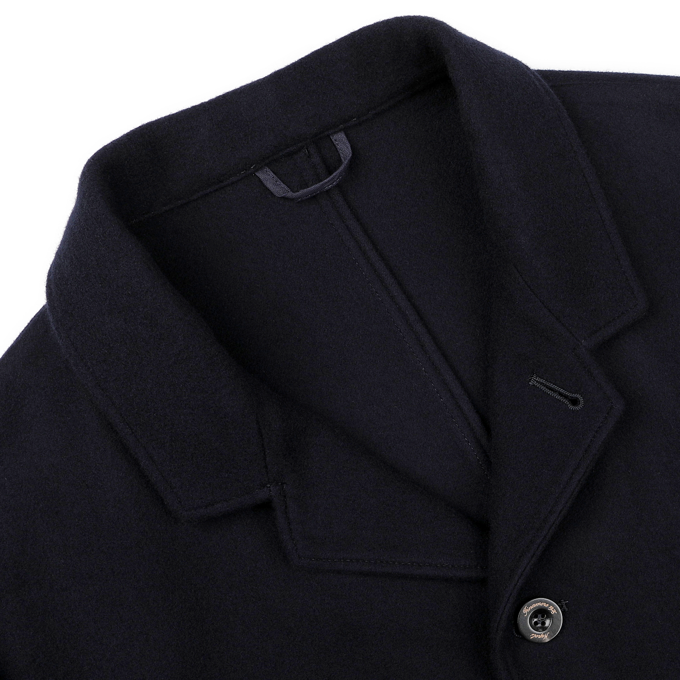 Close-up of the Navy Blue Boiled Wool Casual Blazer by Finamore, featuring a fastened top button and inner loop for hanging, highlighting the collar design.