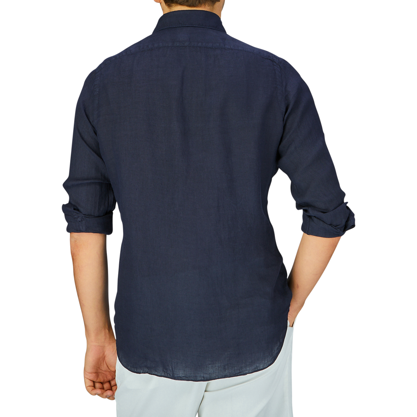 Man from behind wearing a Finamore Navy Blue Linen Casual Shirt with rolled-up cuffs.