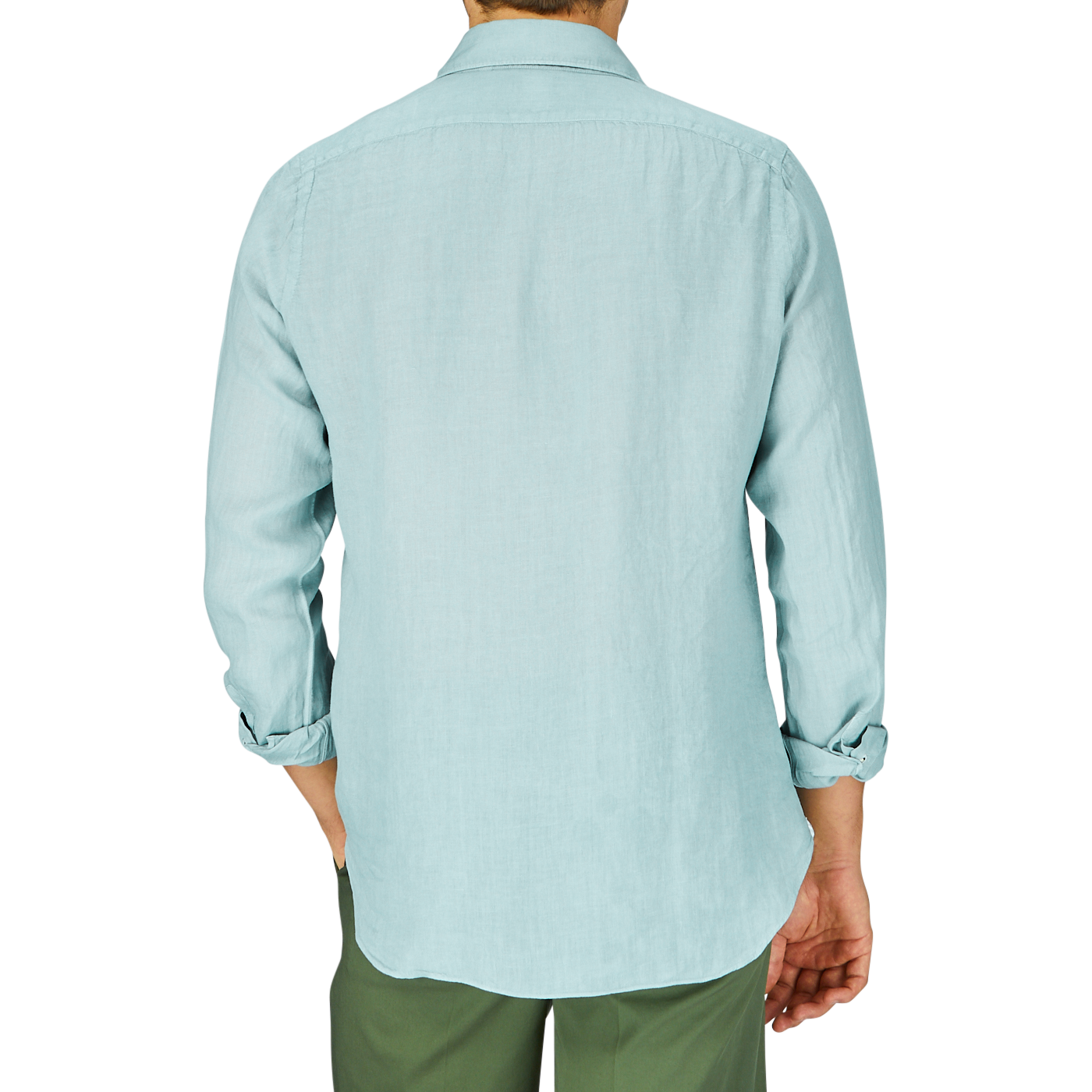 A man from behind wearing a light blue slim fit shirt and Finamore sage Green Linen Casual Shirt.