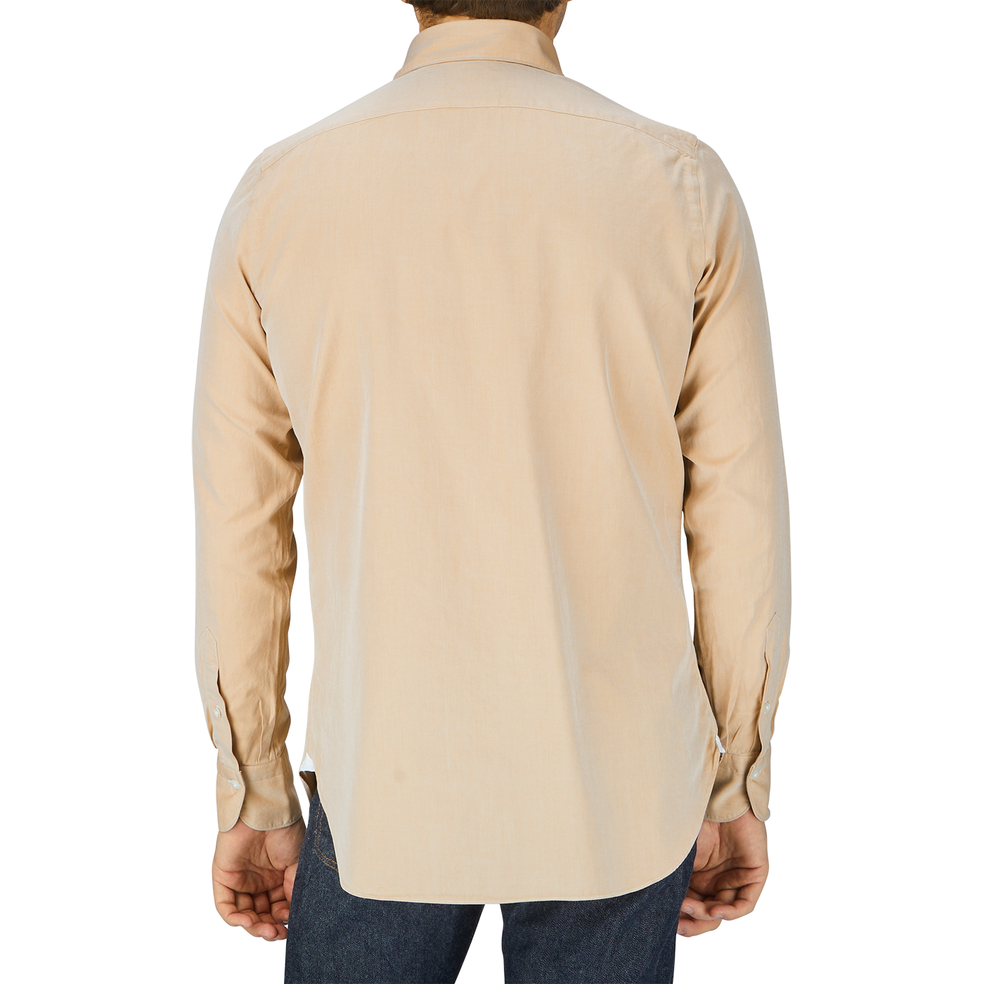 A man in a Sand Beige Washed Cotton Twill shirt, likely a Finamore handmade shirt, seen from behind.