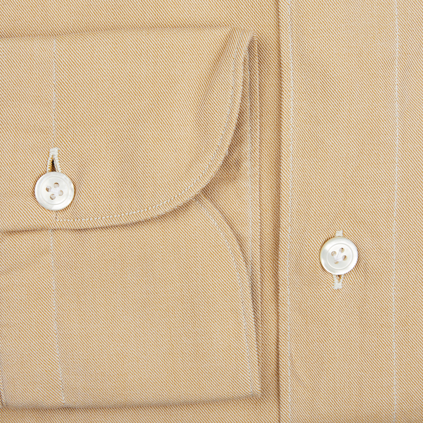 A close up of a handmade Sand Beige Washed Cotton Twill shirt from Finamore.