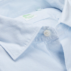 A close up of a Finamore Sky Blue Striped Cotton Seersucker shirt.