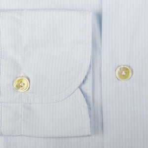A close up of a handmade Finamore slim fit Washed Light Blue Striped Cotton Shirt.
