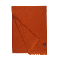 A Burnt Sienna Merino Wool Cashmere Scarf made by Fox Brothers, with fringes on a white background.