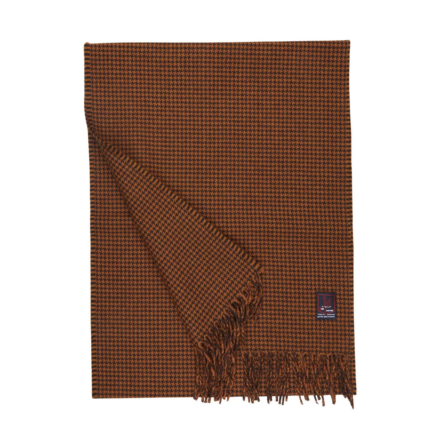 A Chestnut Houndstooth Merino Wool Cashmere Scarf by Fox Brothers on a white background.