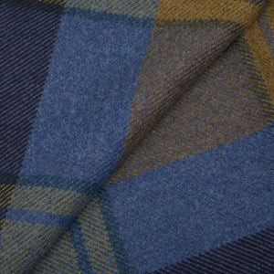 A close up of a Olive Navy Fox Check Merino Wool Cashmere Scarf, resembling a fox check pattern by Fox Brothers.