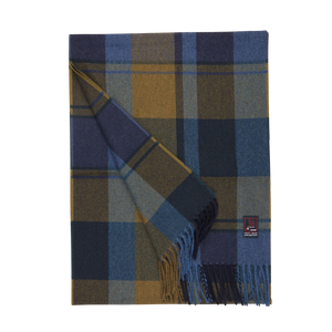 A olive navy fox check Merino Wool Cashmere Scarf by Fox Brothers on a white background.
