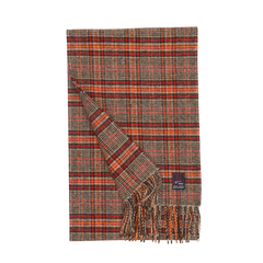 A Negroni Checked Lambswool Cashmere Scarf knitted in England by Fox Brothers, featuring fringes on a white background.