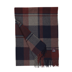 A cozy Wine Fox Check Merino Wool Cashmere Scarf made by Fox Brothers with fringes on a white background.