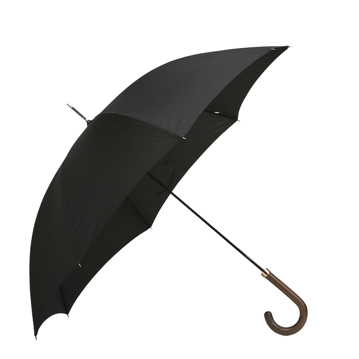 The Fox Umbrellas' Black Dark Hardwood Handle Umbrella elegantly displays its curves with a black canopy as it opens to the left.