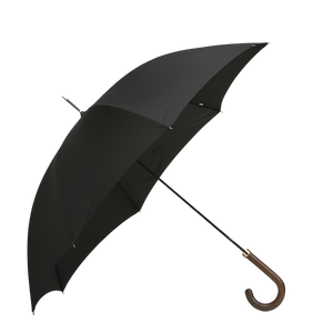 The Fox Umbrellas' Black Dark Hardwood Handle Umbrella elegantly displays its curves with a black canopy as it opens to the left.