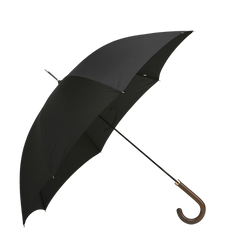 The Fox Umbrellas' Black Dark Hardwood Handle Umbrella elegantly displays its curves with a black canopy as it opens to the left.