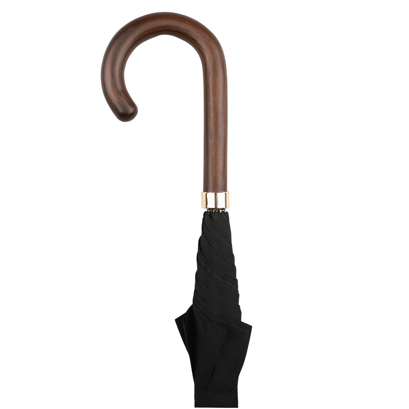 The Black Dark Hardwood Handle Umbrella by Fox Umbrellas, featuring a handmade black canopy and a dark wooden crook handle with gold detailing, is among the finest crafted umbrellas.