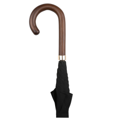 The Black Dark Hardwood Handle Umbrella by Fox Umbrellas, featuring a handmade black canopy and a dark wooden crook handle with gold detailing, is among the finest crafted umbrellas.