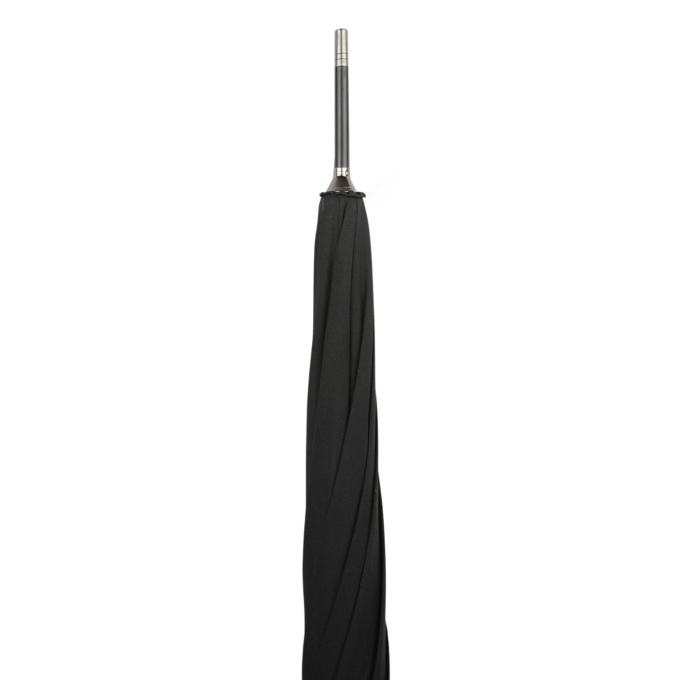 A Black Dark Hardwood Handle Umbrella by Fox Umbrellas stands upright against a white background, showcasing its elegant design. Handmade in England, this piece combines traditional craftsmanship with modern style.