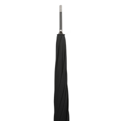 A Black Dark Hardwood Handle Umbrella by Fox Umbrellas stands upright against a white background, showcasing its elegant design. Handmade in England, this piece combines traditional craftsmanship with modern style.