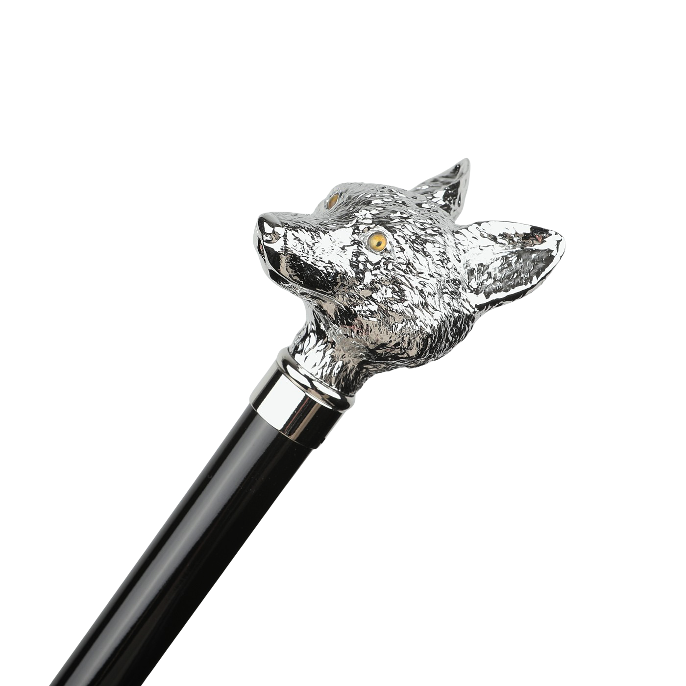 A black cane featuring a silver fox head handle, crafted with the same elegance and precision as our Fox Umbrellas' Black Fox Head Handle Umbrella.