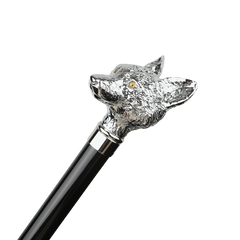 A black cane featuring a silver fox head handle, crafted with the same elegance and precision as our Fox Umbrellas' Black Fox Head Handle Umbrella.