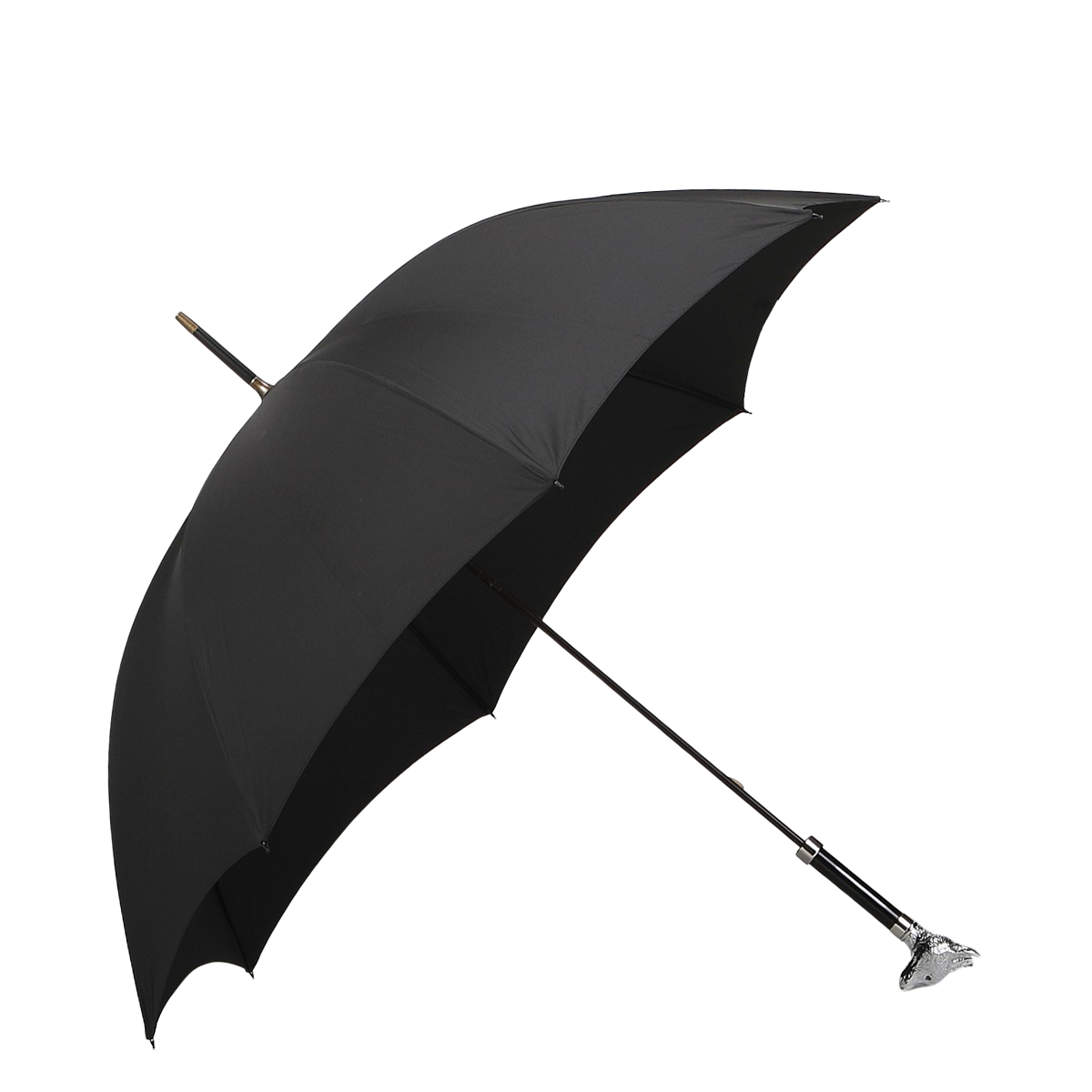 The Black Fox Head Handle Umbrella by Fox Umbrellas, featuring a handmade design with an eight-rib metal frame, is opened and propped against a white background.