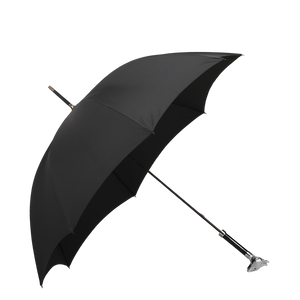 The Black Fox Head Handle Umbrella by Fox Umbrellas, featuring a handmade design with an eight-rib metal frame, is opened and propped against a white background.