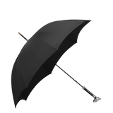 The Black Fox Head Handle Umbrella by Fox Umbrellas, featuring a handmade design with an eight-rib metal frame, is opened and propped against a white background.