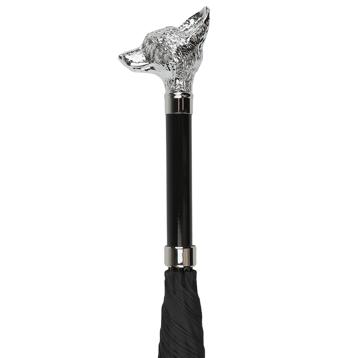 The Black Fox Head Handle Umbrella by Fox Umbrellas features a silver fox head handle and an eight-rib metal frame.