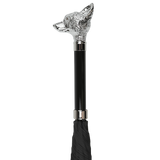 The Black Fox Head Handle Umbrella by Fox Umbrellas features a silver fox head handle and an eight-rib metal frame.