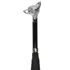 The Black Fox Head Handle Umbrella by Fox Umbrellas features a silver fox head handle and an eight-rib metal frame.