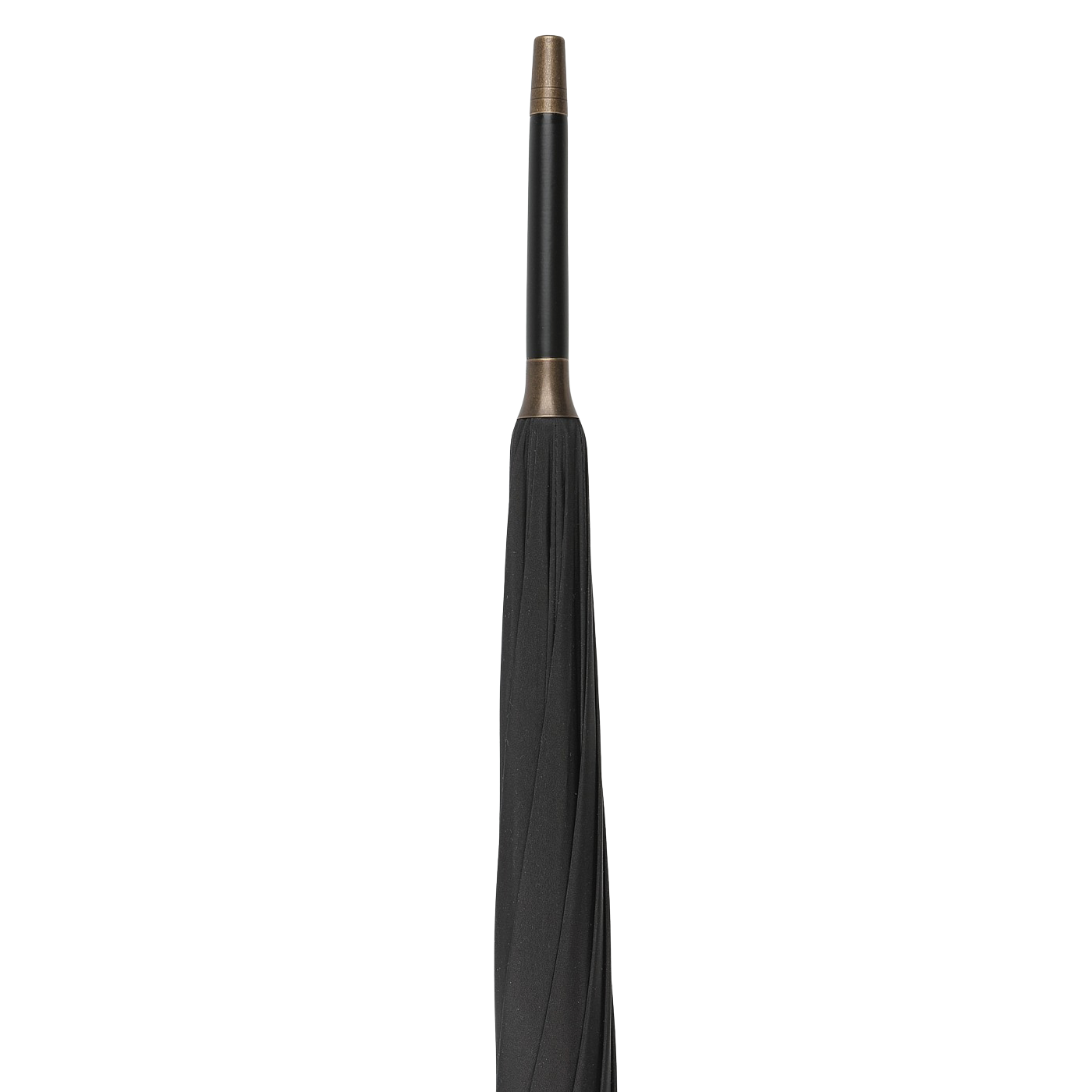 A Black Fox Head Handle Umbrella from Fox Umbrellas, featuring a silver fox head handle and elegant length, is displayed side-on to highlight its sleek design.