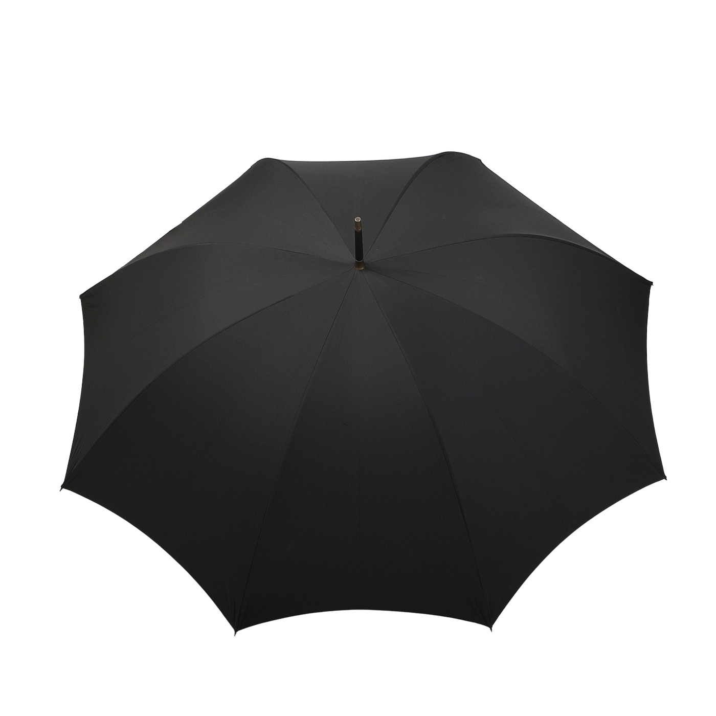 The Black Fox Head Handle Umbrella by Fox Umbrellas is open, displayed on a white background. This large black handmade umbrella features a wooden fox head handle and an eight-rib metal frame for enhanced durability and elegance.